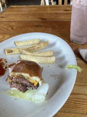 The amazing burger and thick but crunchy fries.