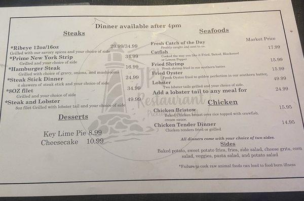 Dinner menu