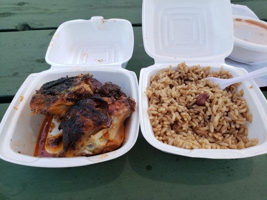 Jerk chicken with a side of rice n peas