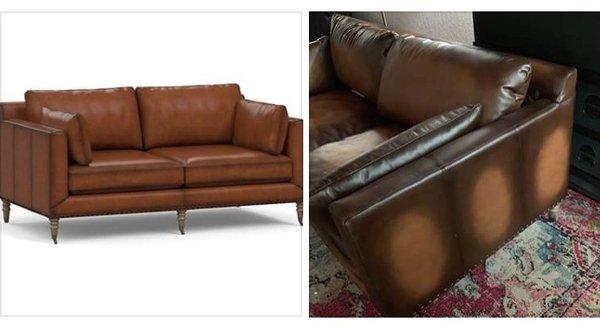 At left Tallulah loveseat in burnished saddle as represented on line. At right, Tallulah loveseat in burnished saddle as delivered