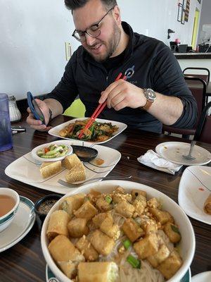 Fried tofu, vermicelli noodles, veg spring rolls