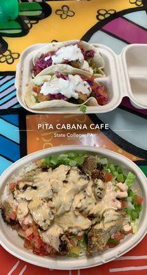 Fish tacos (top) and chicken CHICKEN CABANA RICE BOWL (bottom)