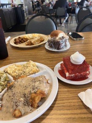 Chicken Fried Chicken, hash brown casserole, broccoli, fried okra.   Chocolate cake & Strawberry cake all Good.