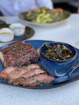 Baby Back Ribs, Beef Tri Tip, Charred Brussel Sprouts, Cast Iron Skillet Cornbread