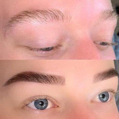 Before & after our brow lamination service which includes a tint and wax to shape the brows. Lasts 4- 6 weeks!