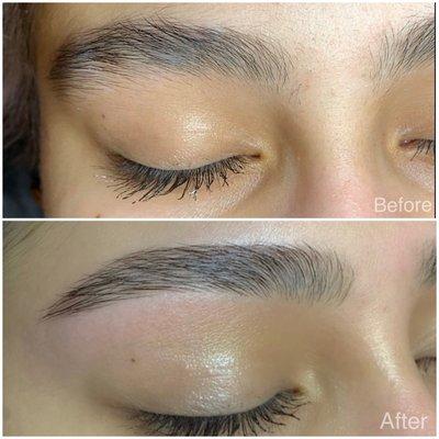 Before and after brow wax and shaping.