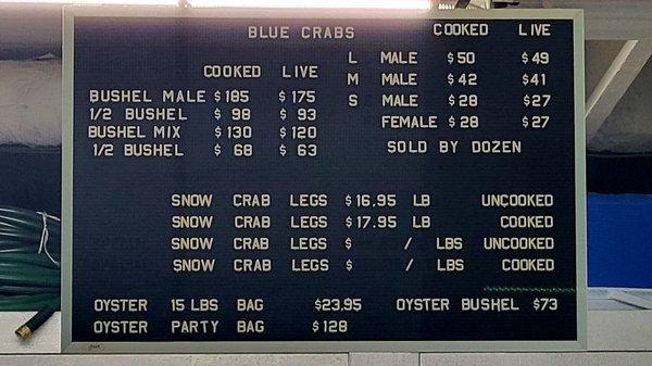 Crab and oyster prices. Everything can be cooked for a slightly higher price.