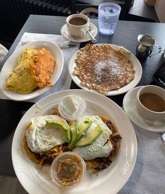 Denver omelette, Huevos rancheros and blueberry pancakes