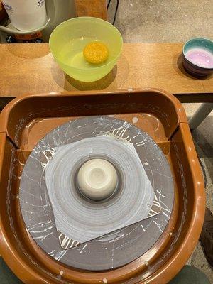 Clay already centered and prepped on our individual pottery wheels for our pottery class!