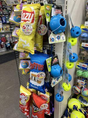 We got Winston and Bart these potato chip bag toys!