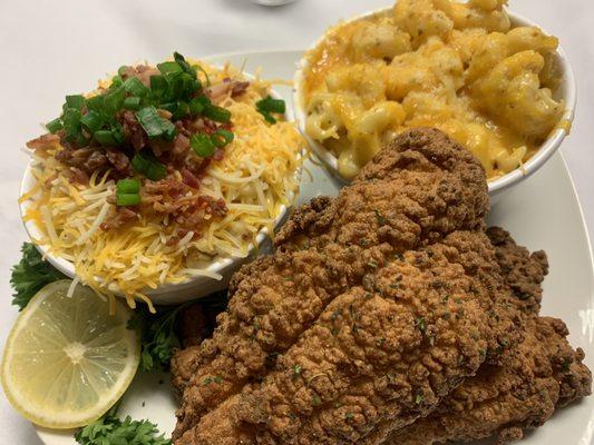 Xquisite's Catfish Dinner Mac'n cheese and Loaded mash potato