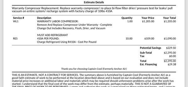 Refrigerant should be at cost for a warranty job.