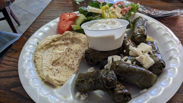 Dolmades platter which are grape leaves filled with rice, tomatoes, and herbs. It comes with pita bread, hummus.  Choice of the side salad