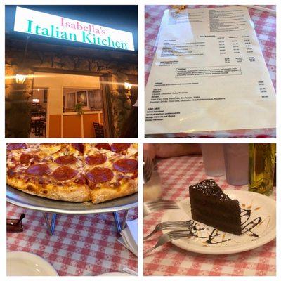 Pizza, chocolate cake, menu, store front