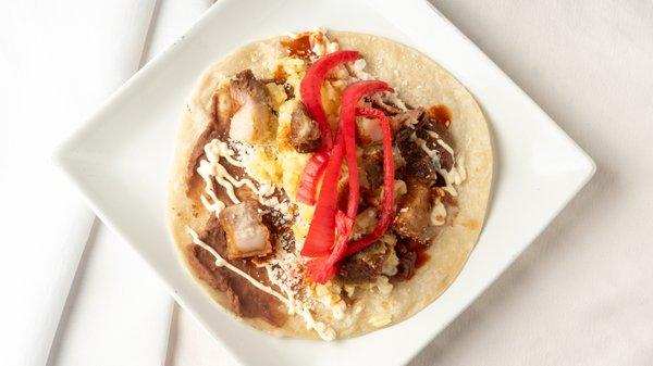 Pickled Onions, Scramble Eggs and Chicharron Baleada