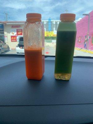 Carrot apple juice, and cold pressed green juice