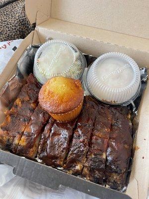 Half rack of ribs, Corn Bread Muffin, mashed potatoes, coleslaw