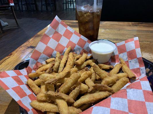 Fried Pickles (aka pickle fries) with ranch dressing