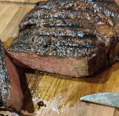 This rib-eye is cooked medium-well (overcooked you may say) yet look how juicy it is! cooked sous-vide finished on the charcoal grill.