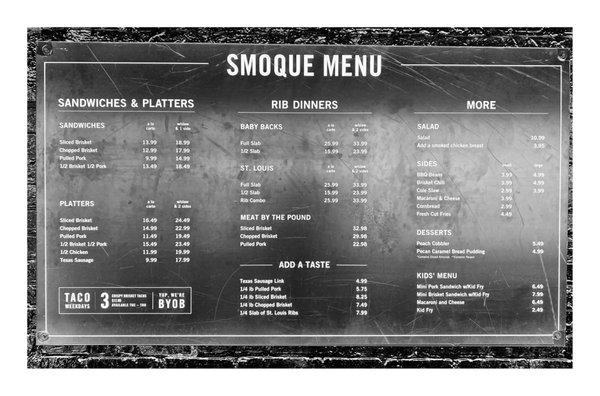 Wall Menu @ Smoque BBQ 3800 N Pulaski Rd,Chicago, IL This Place is Smoking Hot! Low and Slow! BBQ Heaven! Brisket is The Best.Cool!