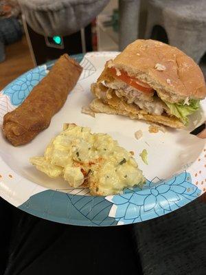 "Pork Egg Roll" Phat Daddy's Potato Salad and Half a Fish Sandwich.