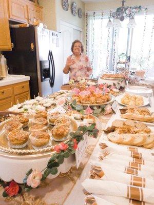 Broccoli and carrot quiches,  charcuterie boards Chicken salad sandwiches, cheese scones, roast beef and provolone sandwiches