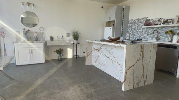 Dekton coutertop island with both side water fall custom vanity sink