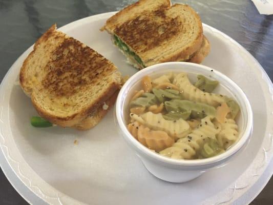 The veggie melt with pasta salad.