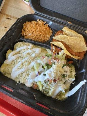 Chicken (grilled & seasoned) enchiladas with green sauce combination.