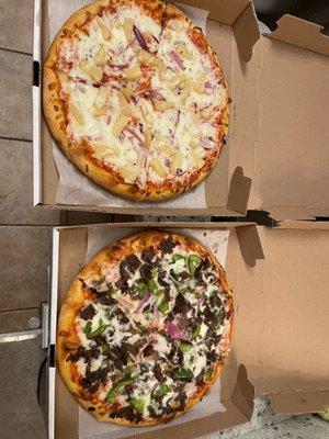 Small Hawaiian and small steak and cheese pizza