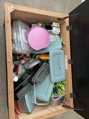 My daughters toy box the carried it upside down destroyed everything on top that was fragile