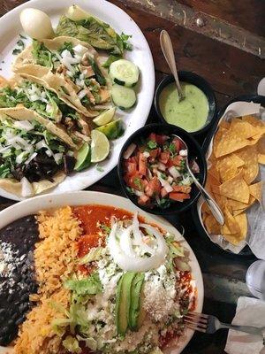 Tacos and enchiladas with red sauce