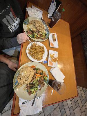 Beef & Broccoli and Spicy Beef/Basil and an appetizer of Egg Roll and Lobster Rangoon