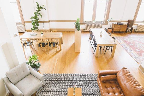 An overhead view of the coworking space