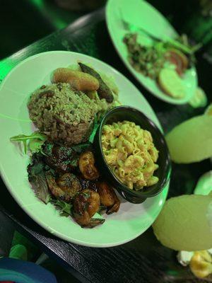 Rice and peas, Mac n cheese, Jerk Shrimp, cabbage