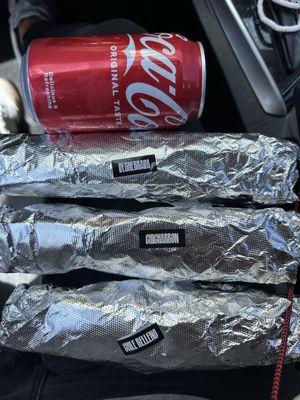 3 Burritos & Can Soda $20