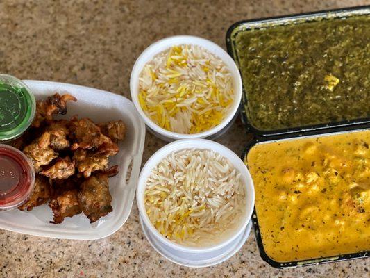 Pakoras, Paneer Saag, Veggie Korma, Rice