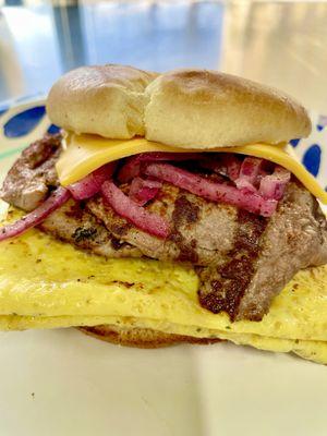 Our famous steak and eggs sandwich