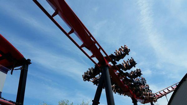 In this photo, you can really see how X-Flight is considered a "wing coaster" (the cars are on either side of the track)