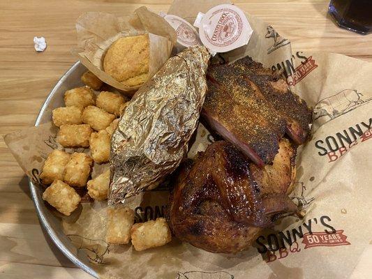 Dry rub ribs, chicken, tater tots, sweet potato, cornbread