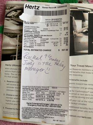 Bill that I was shown when I extended the rental and promised that the first week charges would be removed.