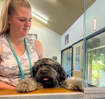 Violet, with Tanner, had to make sure she was checked in.