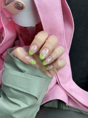 Amazing bright green french tips with gems!