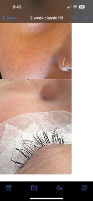 Photos of Deka Lash destroying my lashes and an after photo of my new lash lady fixing them.