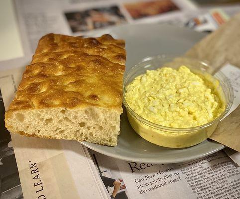 Fresh focaccia with life-changing egg salad.