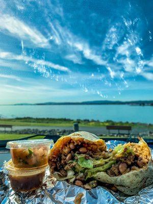 Carne Asada Burrito and a view of Oyster Point.. Te Amo!