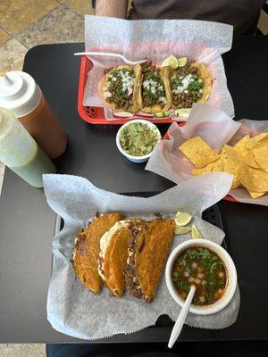 Carne asada and quesabirria tacos, chips & guacamole