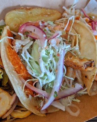 Smoked fish taco. The Yaqui has Smoked fish, spicy shrimp, and a piece of a fried chile