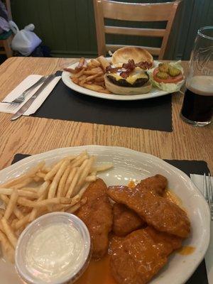 Buffalo style chicken tenders, Bacon cheeseburger