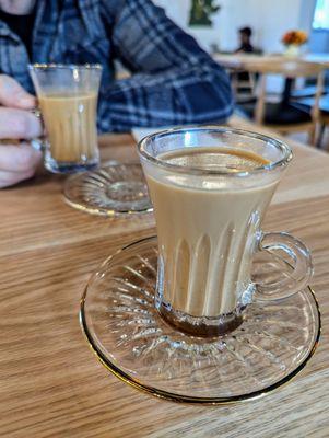 A Mufawaar, a medium roast coffee with cardamom, cream and sugar.